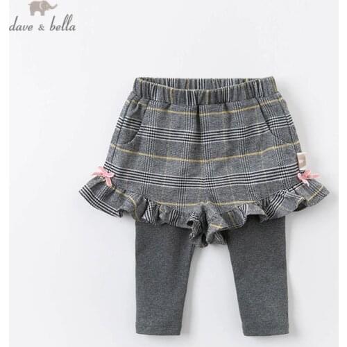 DBJ14384-2 dave bella autumn baby girls fashion bow plaid pockets pants children full length kids pants infant toddler trousers
