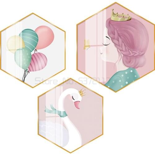 Childrens room decorative painting creative hexagonal bedside hanging painting Princess Pink bedroom wall painting