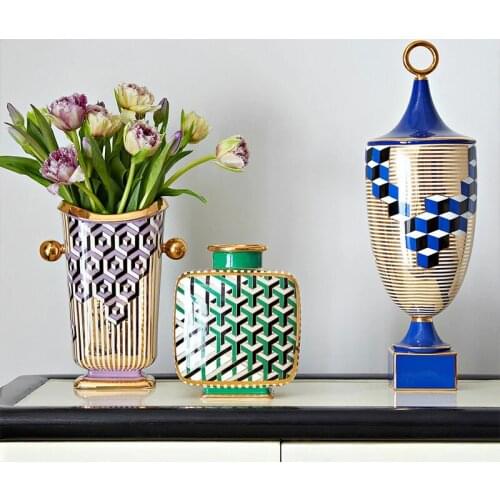 European Luxury Ceramic Art Vase Home Decor Porch Living Room Table Decorative Accessories High Grade Terrarium Geometric Grain