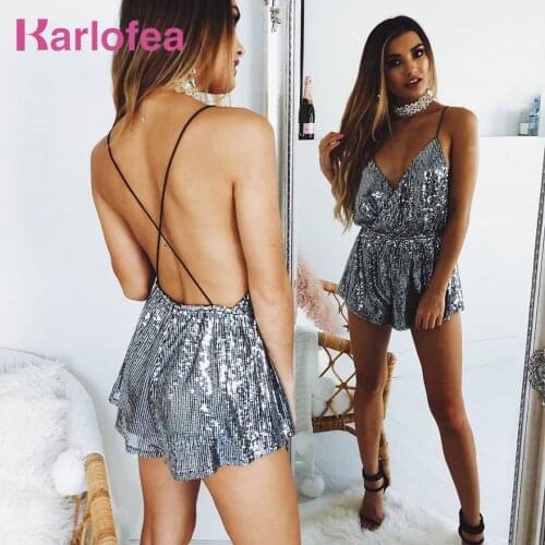 Karlofea New Sequin Strap Playsuit V-neck Sexy Club Party Rompers Sleeveless Backless 2018 Silver Summer Birthday Short Jumpsuit