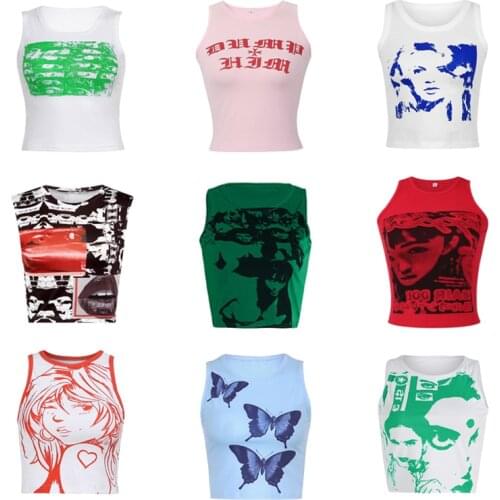 Fashion Women Portrait Butterfly Print Tank Tops Female Summer Slim O-Neck Vest Camisole Red Green Blue White Black
