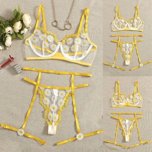 Fashion G-string Garter Belt Small Chrysanthemum Embroidery Women Bra Bustier Lingerie Thong Perspective Underwear Set Mujer