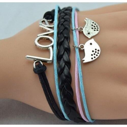 Fashion Alloy Infinity Wish Life of Tree Birds Pearl Charms Cuff Bracelet Bangle Pink Cord Leather Friendship Wristbands Jewelry