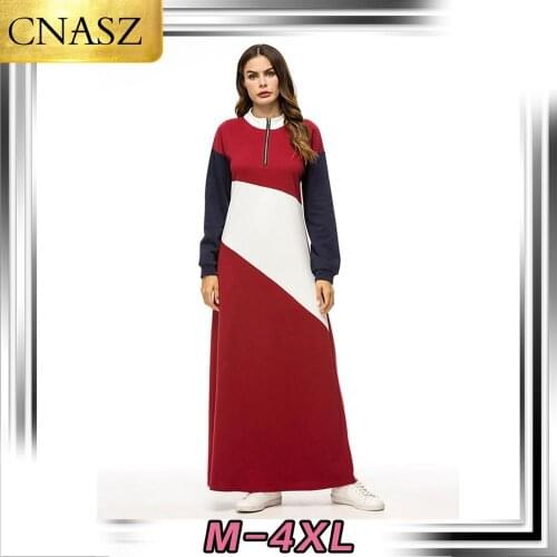 Muslim Fashion Stitching Long-Sleeved Winnter Dress Dubai Turkey Padded Pullover Sweater Islamic Middle East Morrocan Auutum Ski