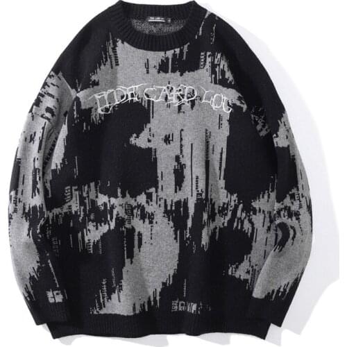 Letter Embroiderey Knitted Sweater Mens Hip Hop High Street Pullover Splashed Ink Jacquard Sweater Autumn Loose pull homme 2021