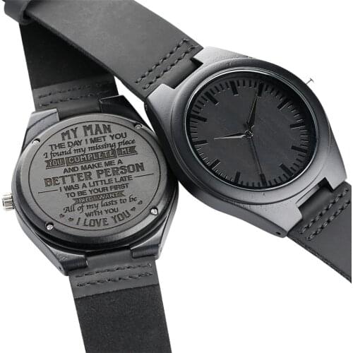 My Man...l Love You Personalized Engraved Back Cover Mens Wood Watch Minimalist Display Dial Quartz Genuine Leather Wristwatch