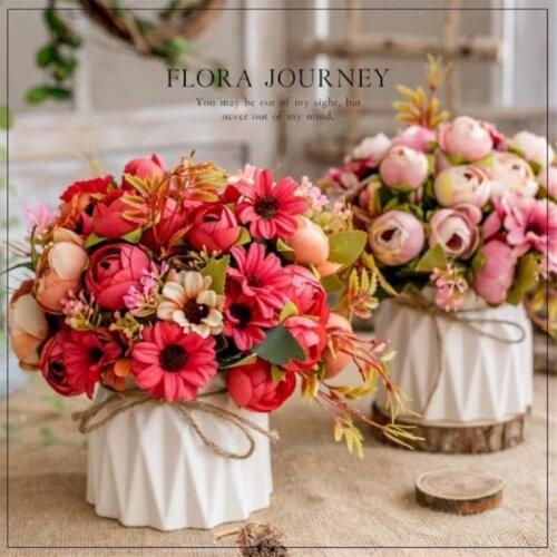 Nordic Ceramic Set Artificial Flower (+Vase) Fake Rose Plants Potted Ornaments Home Wedding Crafts Festive Party Decoration