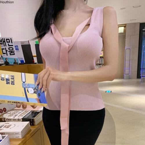 New U-neck Vest Four Seasons Korean Sleeveless Knitted Top Sexy Splicing Casual Comfortable Fashion Vest