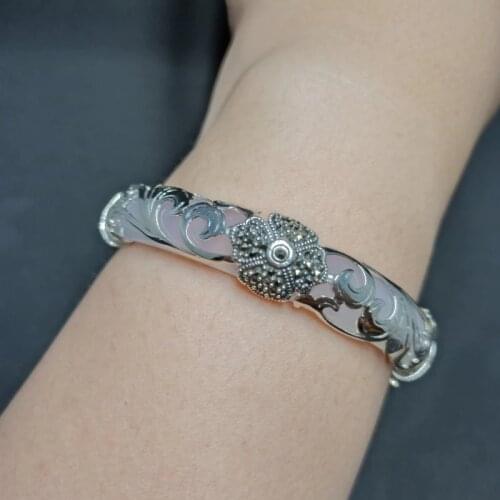 S925 with natural chalcedony open Bracelet Tetrafolium Maksai Bracelet Lucky Grass Bracelet