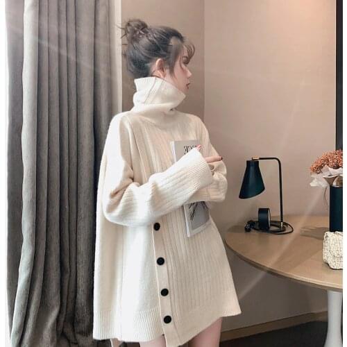 Girl Solid Color Turtleneck Knitted Sweater Female Side Split Loose Loose Sweater Sweater Lazy Wind Pullover Women 2021 Spring