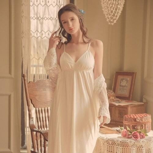 Vintage Cotton Night Gowns Mesh Robe Sets Women Fairy White Lace Peignoir Victorian Dress Princess Sleepwear Romantic Nightgown