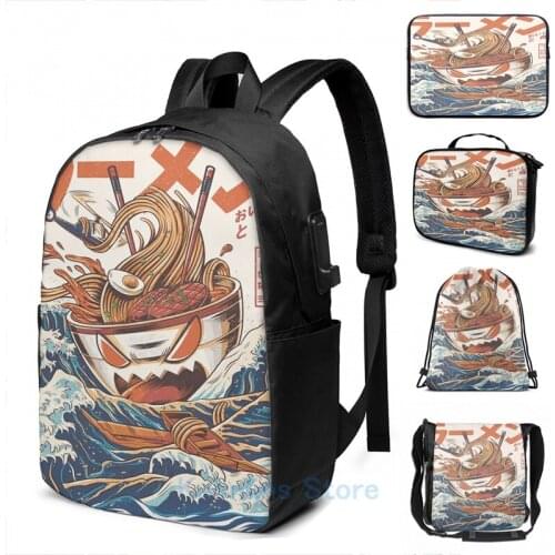 Funny Graphic print The Great Ramen off Kanagawa USB Charge Backpack men School bags Women bag Travel laptop bag