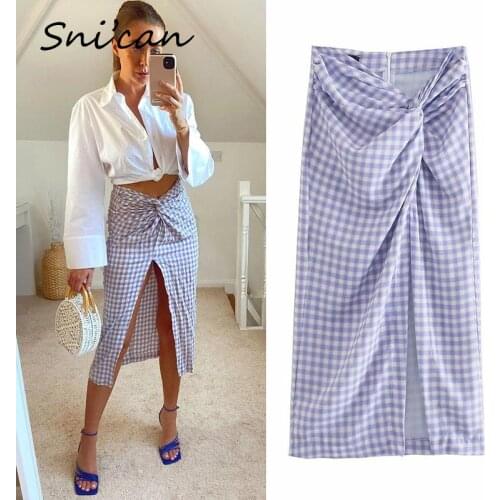 Purple Plaid Knots Split Skirt Za 2021 Women Asymmetrical High Waist Jupe Longue Femme Summer Office Ladies Faldas Largas Mujer