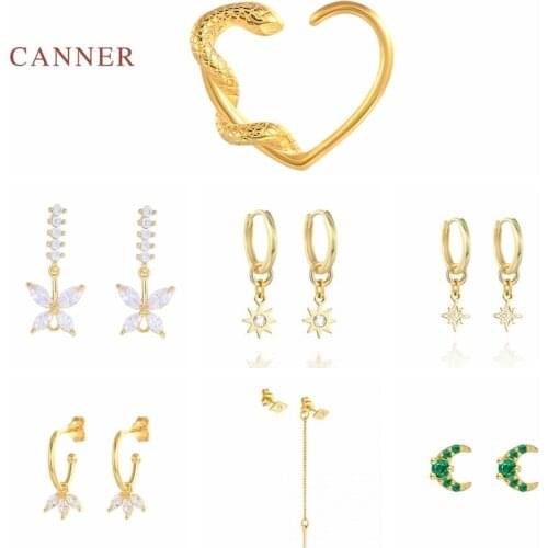 CANNER 925 Sterling Silver Earrings For Women Zircon Moon Star Eye Flower Butterfly Snake Heart Piercing Stud Earring Pendientes