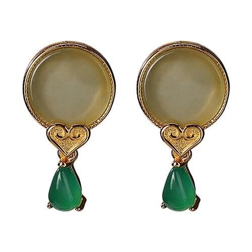 925 sterling silver gold-plated Hetian gray jade stud earrings retro personality Ruyi drop-shaped womens eardrops earrings
