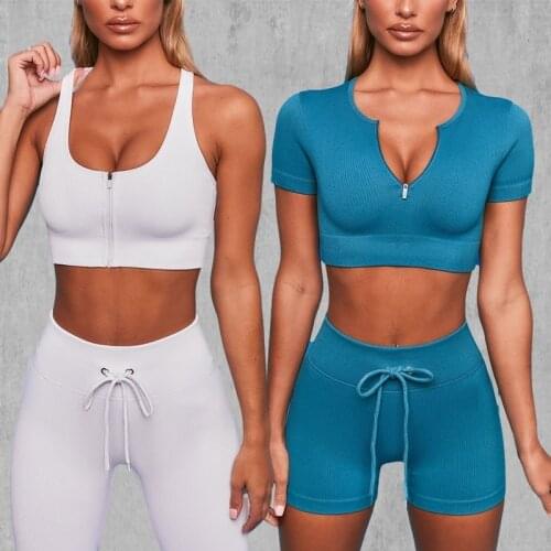 Two Pieces Knitted Women Tracksuit Set Crop Top Sport Bra and Fitness Shorts Yoga Pant Suit Female Fashion Zipper Sportwear 2021