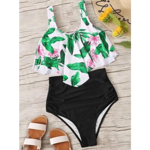 Womens Bikini 2021 Ruffles Leaf Print Crisscross Bandeau High Waist Bikinis set Two Piece Swimsuit Beachwear Swimwear Trikini