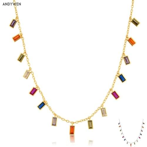 ANDYWEN 925 Sterling Silver Colorful Zircon Charms Rainbow Chain Choker Long Neckalce Fashion Women European Party Fine Jewelry