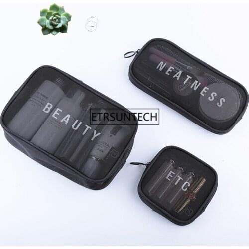 100pcs Protable Cosmetic Mesh Bag With Zipper Bag Travel Black Toiletry Package Storage Bags Pouch Case