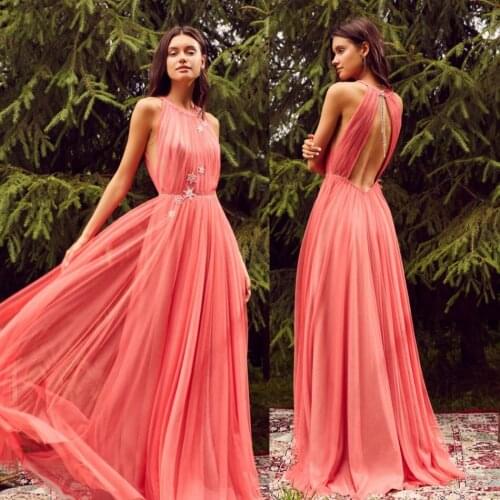 2020 Evening Dresses Jewel Lace Appliques Sleeveless Prom Gowns Hollow Back Floor Length A Line Special Occasion Dress