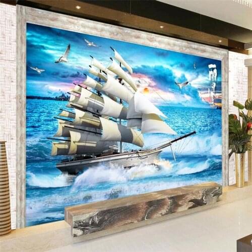 Beibehang papel de parede 3d Fresco Customized Sailing Windy Sea Sailing Landscape 3D Fresco Background Wall