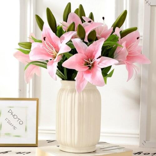 5pcs/lot PVC real touch silk lily 3 heads artificial flower for home decoration wedding decor Stage props fake flower bouquet