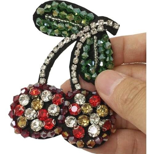 6pc 7x5cm Sew On Crystal Cherry Patch Beaded Cherries Applique Fruit Patches For Clothing Bags Parches DIY Accessories AC0979