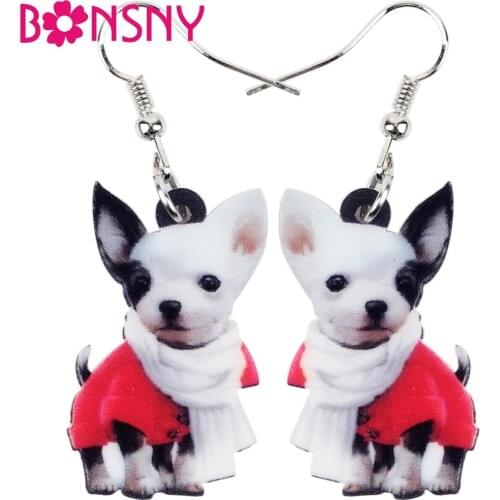 Bonsny Drop Acrylic Scarf Chihuahua Dog Earring Big Long Dangle Animal Jewelry For Girl Women Lady Cartoon Accessories Statement