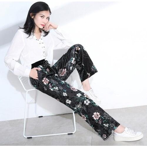Womens Pants Autumn Velvet Flower Print Pants Wide Leg Pants Loose Straight Trousers Long Female Plus Size Trousers