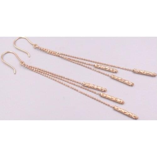 Pure 18K Rose Gold Dangle Women Lucky Gift Small Beads Carved Long Stick Earrings / 3.6g