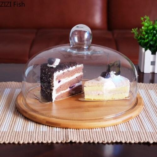 Nordic Style Retro Wooden Cake Plate Glass Cover Dessert Table Display Stand Tray Home Kitchen Decoration Festive Party