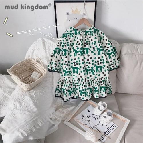 Mudkingdom Girls Dot Dress Print Crew Neck Loose Ruffle Puff Sleeve Spring Autumn Dresses for Toddler Long Sleeve Kids Clothes