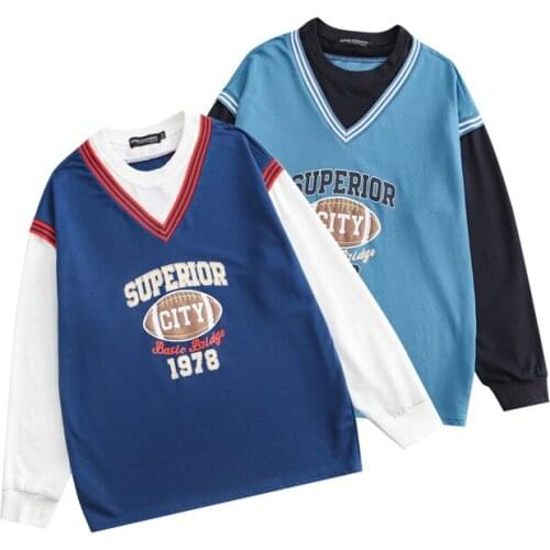 Fake Two-Piece Loose College Style Long Sleeved Tops Fashion Couple Sweatshirts Pullover Male Oversized Autumn O-Neck Hoodies