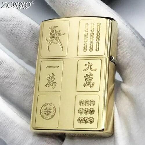 Zorro Kerosene Lighter Pure Copper Carving Classic Chinese Style Mahjong Pattern Gasoline Lighter Men Gift Outside Tool