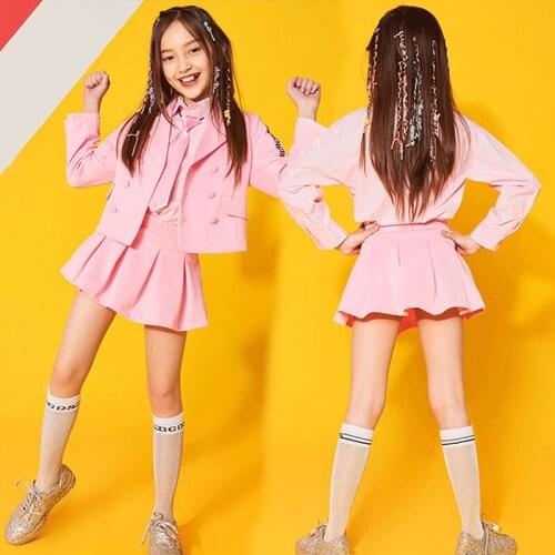 Jazz Costume Hip Hop Girls Clothing Pink Tops And Pink Pleated Skirt Hip Hop Pants For Kids Performance Modern Dancing Clothes