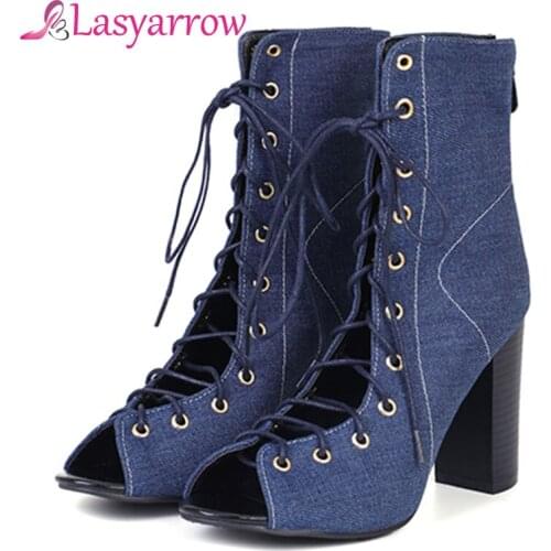 Lasyarrow Summer Sandal Sexy Black Patent Leather Gladiator Sandals Women Pumps Shoes Lace-Up High Heel Denim Blue Sandals Boots