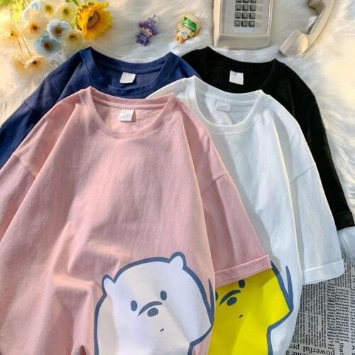 Summer Round Neck Cotton Student T-shirt Cartoon Women Sweetwear Tops Short Sleeve Cartoon Bear Printing Loose T-shirt