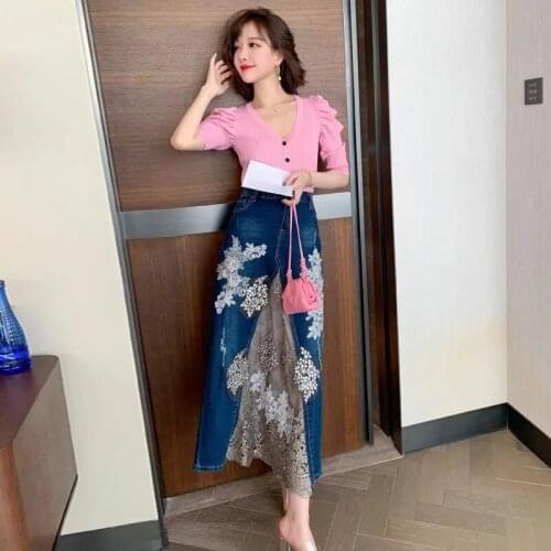 Summer Retro Sngle-Breasted Short-Sleeved Knitted Top+Stitching Lace Hand-Embroidered Jacquard Hot-Stitched Denim Skirt