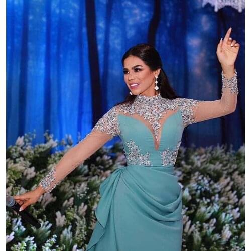 Best Selling High Collar Beaded Appliqued Lace Stones Long Sleeve Pleated Straight Mint Prom Dresses 2020