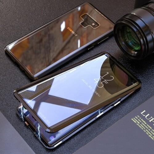 Magnetic Adsorption Shockproof Metal Bumper black +front Tempered Glass screen film Protective Case For Samsung Galaxy Note 9