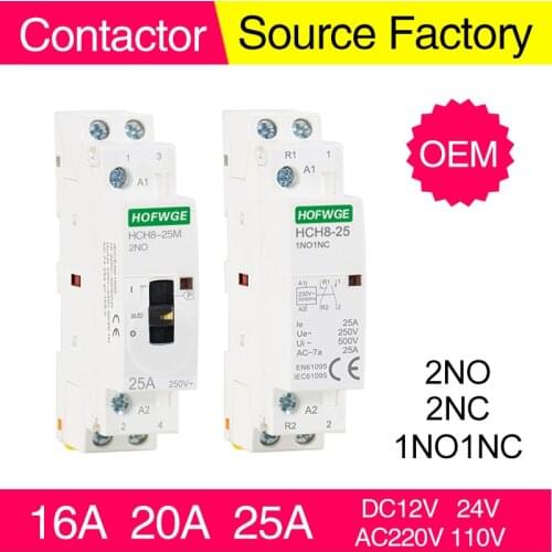HCH8-25 Modular Contactor 2P 16A 20A 25A 2NO or 2NC or 1NO1NC 220V Automatic Household Contactor Din Rail Type