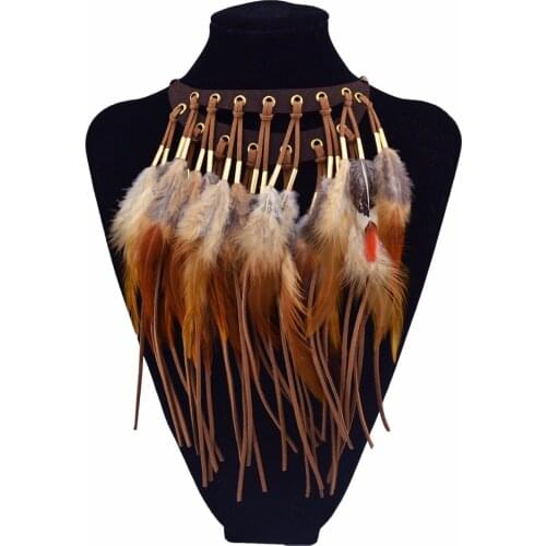 New Ethnic Halloween Party Brown Black Feather Choker Necklaces & Pendants Women Bohemian Bijoux Collier Femme Maxi Jewelry