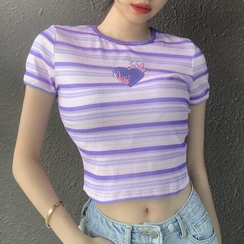 Casual Womens Striped Colorblock Love Heart Embroidery Thread Slim Short T-shirt T-shirt Knitted Top