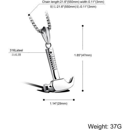 Hip Hop Stainless Steel Silver Color Punk Cool Hammer Strong Mens Boys Jewelry Pendant Necklace Free Box Link Chain 24inch