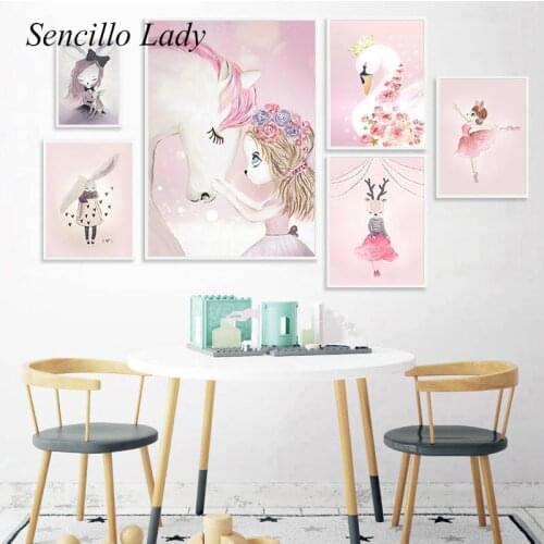 Pink Princess Swan Cartoon Child Poster Baby Nursery Wall Art Canvas Print Painting Nordic Kids Girl Bedroom Decoration Picture