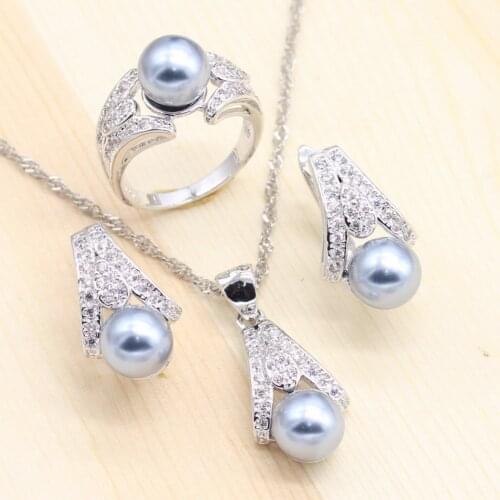 Sliver Jewelry Sets Freshwater Pearl Necklace Pendant Stud Earrings Wedding Rings for Dance Party Jewelry Free Gift Box