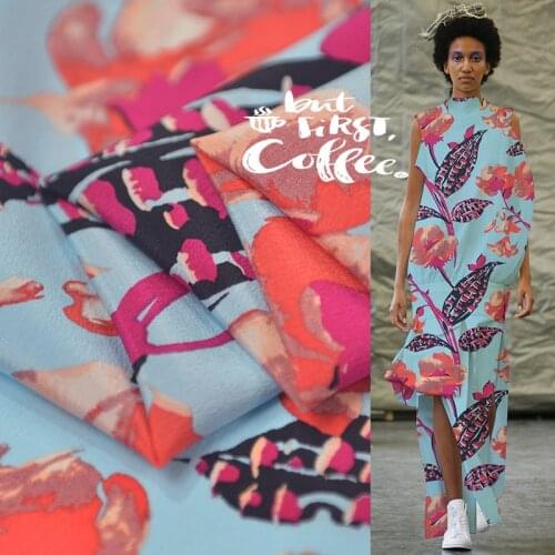 Blue pure silk crepe de chine fabric abstract floral print not sheer for skirt,SCDC1408