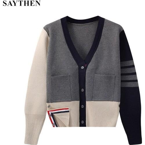 SAYTHEN Autumn/Winter Knitted Cardigan Korean Version Of V-neck Couple Wear Womens Short Outer Wear Outer Wear Thin Top