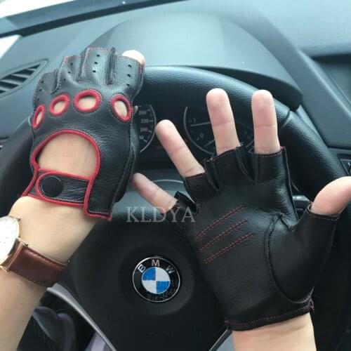 Spring Mens Genuine Leather Gloves Black RED Driving Unlined Goatskin Half Finger Gloves Fingerless Gym Fitness Gloves Mittens