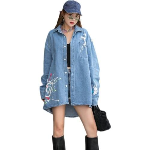 2021 Fall New Womens Long Sleeve Graffiti Denim Jacket Casual Clothing Fashion Harajuku Loose Shirt Ladies Tops Oversize Blusas